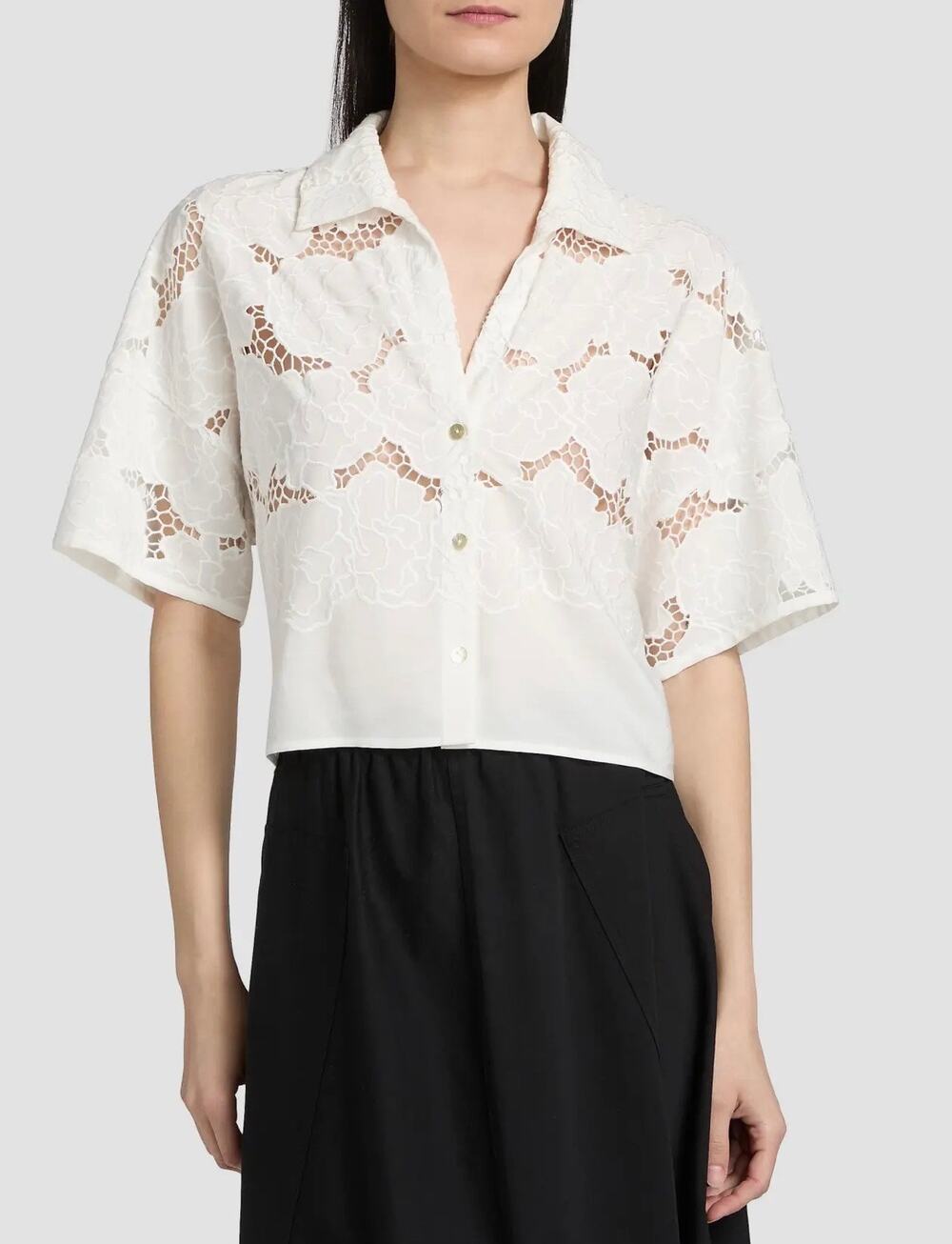 Vince Lace Cropped Short Sleeve Shirt in Off White S